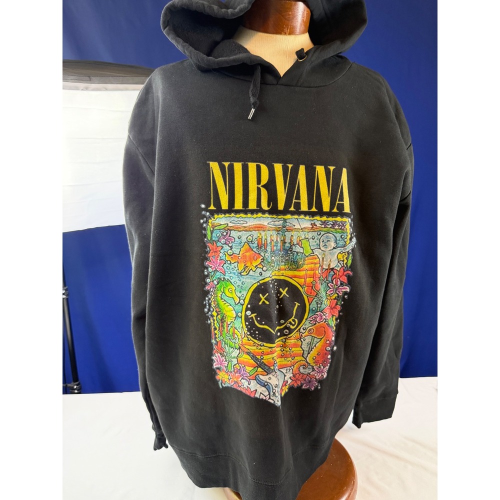 Nirvana Black Graphic Hoodie Mens XL Nevermind Smiley Face Underwater Print